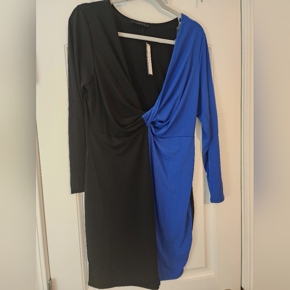 Women's Soncy Black Royal Blue Colorblock Bodycon Vneck Dress Size 10-12 NWT